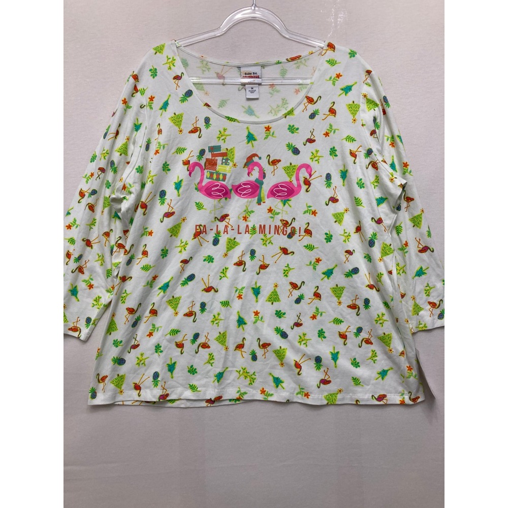 NWT Ruby Rd Blouse Size 1X White Multi Christmas Flamingo Holiday Fa-La-La-Mingo